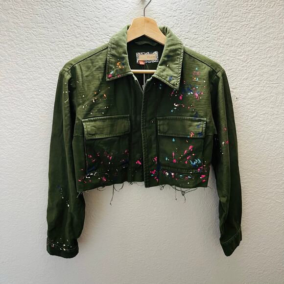 Pilcro Anthropologie Cropped Utility Jacket XSP Moss Splatter Military Artsy Raw - Picture 5 of 9